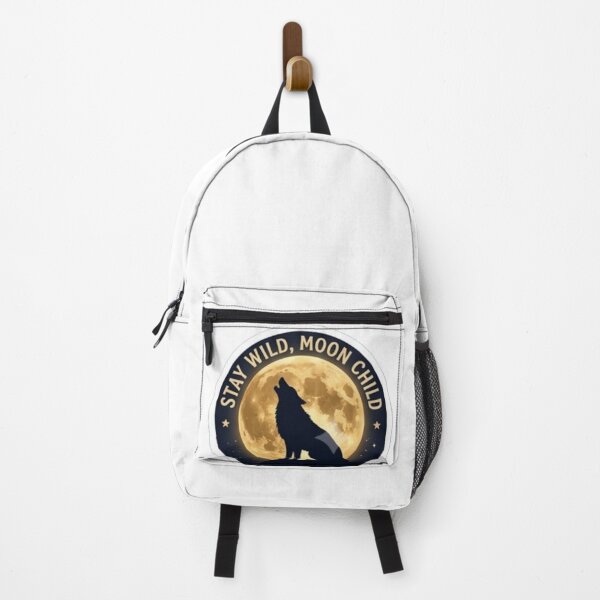 Item preview, "Stay Wild, Moon Child" – Retro-gothic badge with a howling wolf silhouette against a giant golden full moon designed and sold by littleearty.