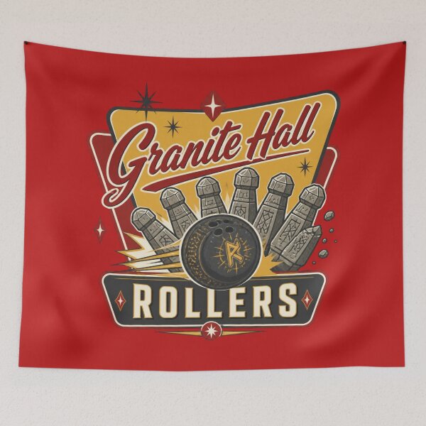 Aperçu de l'œuvre Granite Hall Rollers - Mème de jeu de rôle fantastique de ligue de bowling vintage créée et vendue par Dice_Goblin_Studio.