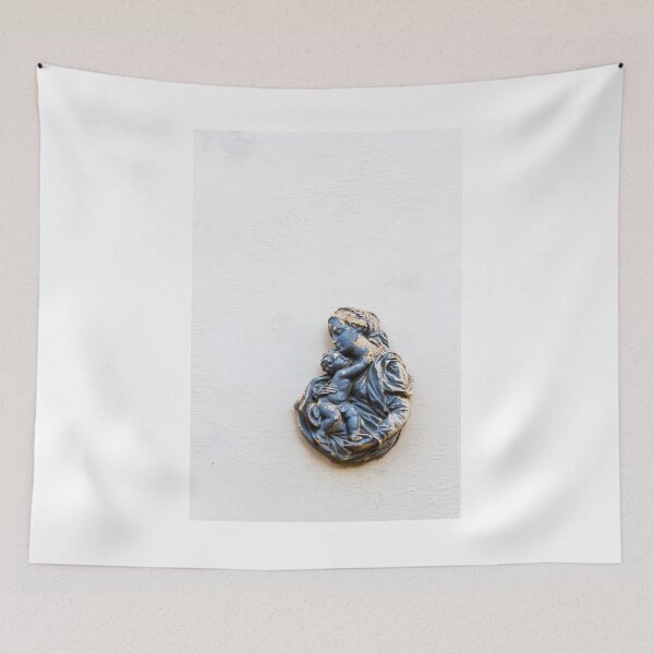 Item preview, Blue Madonna and Child Wall Relief Sculpture of Mother and Baby on White Stucco Wall designed and sold by Nmallia.