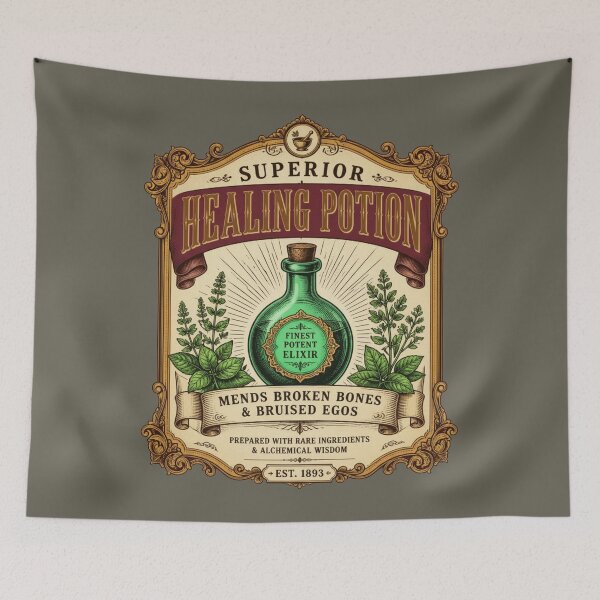 Item preview, Superior Healing Potion - Vintage Apothecary Label RPG Meme designed and sold by Dice_Goblin_Studio.