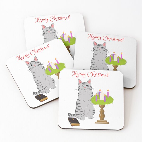 Item preview, Meowy Christmas Gray Cat with Christian Advent Wreath designed and sold by MYCatStuff.