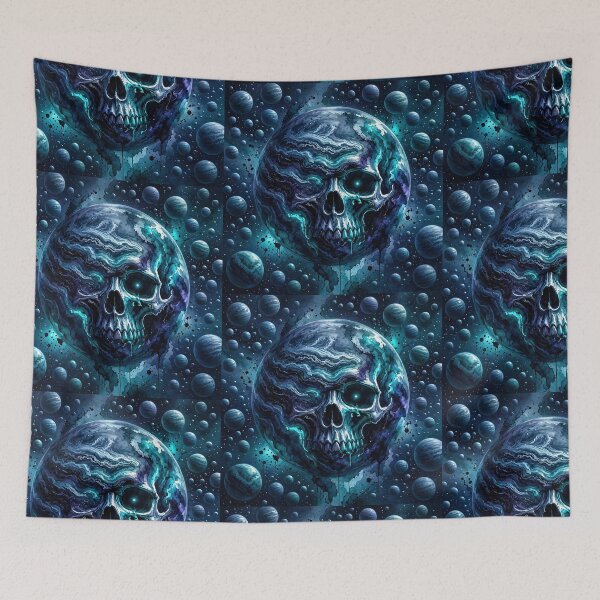Item preview, Cosmic Skull Planet Deep Blue Turquoise Space Watercolor Art designed and sold by LujziWorld.