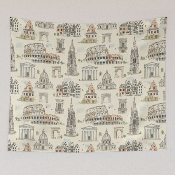 Item preview, Vintage European Landmarks Architecture Sketch Pattern designed and sold by QCena.