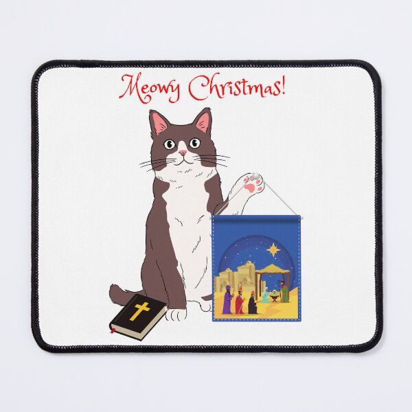 Item preview, Meowy Christmas Gray Cat with Christian Nativity Banner designed and sold by MYCatStuff.