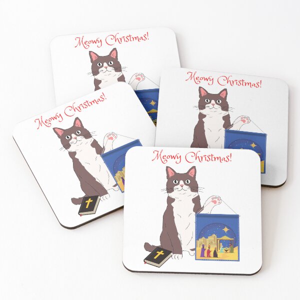 Item preview, Meowy Christmas Gray Cat with Christian Nativity Banner designed and sold by MYCatStuff.