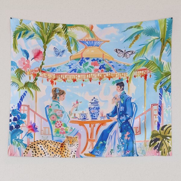 Item preview, Grandmillennial chinoiserie art, A secret meeting in pagoda garden designed and sold by SophieClimaArt.