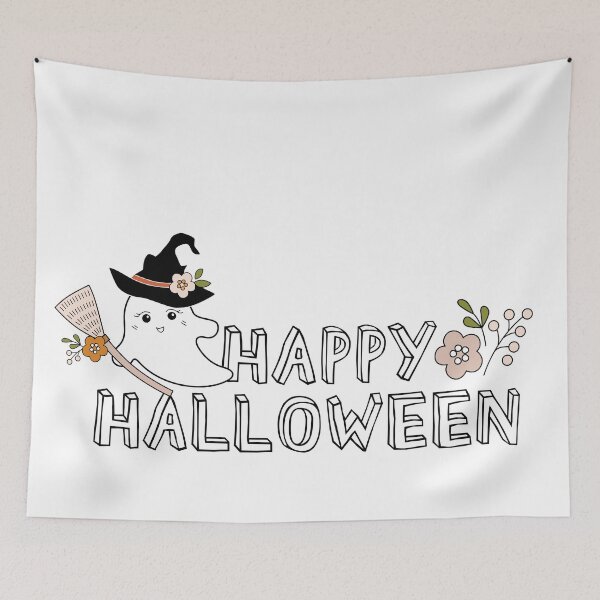 Item preview, Happy Halloween Cute Ghost Witch with Broom Floral Spooky Design designed and sold by storieslanguage.