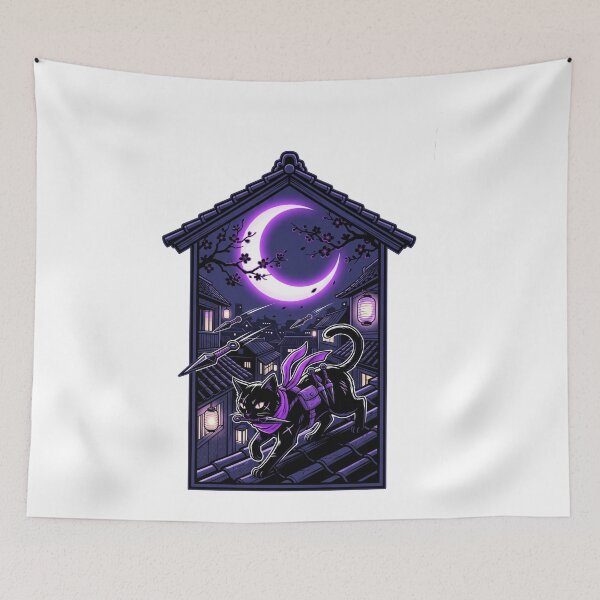Item preview, Shinobi Black Cat Ninja Kunai Rooftop Japanese Moon Aesthetic designed and sold by mood-draftsman.