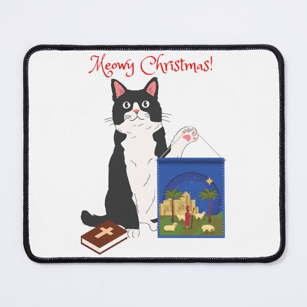 Item preview, Meowy Christmas Black Cat with Christian Nativity Banner designed and sold by MYCatStuff.
