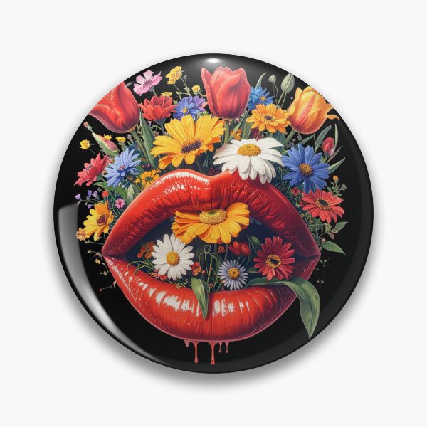 Item preview, Glossy red lips with colorful wildflowers and tulips blooming inside designed and sold by OksArtStudio.