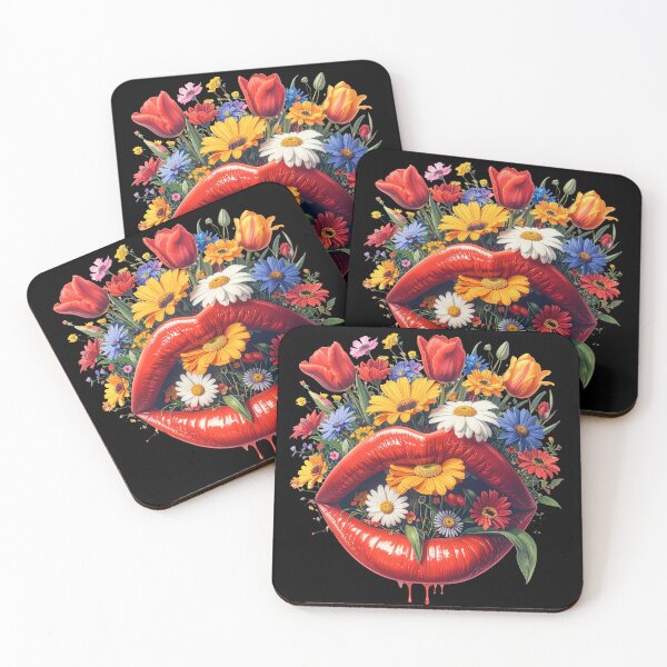Item preview, Glossy red lips with colorful wildflowers and tulips blooming inside designed and sold by OksArtStudio.