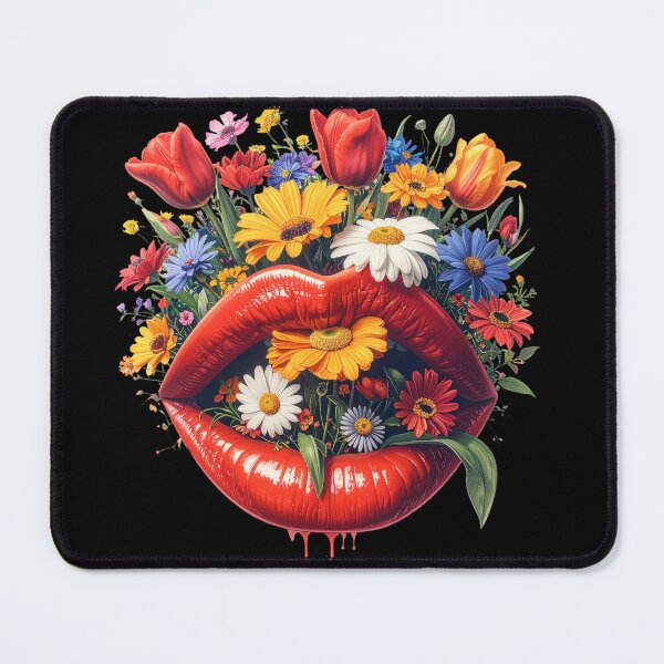 Item preview, Glossy red lips with colorful wildflowers and tulips blooming inside designed and sold by OksArtStudio.