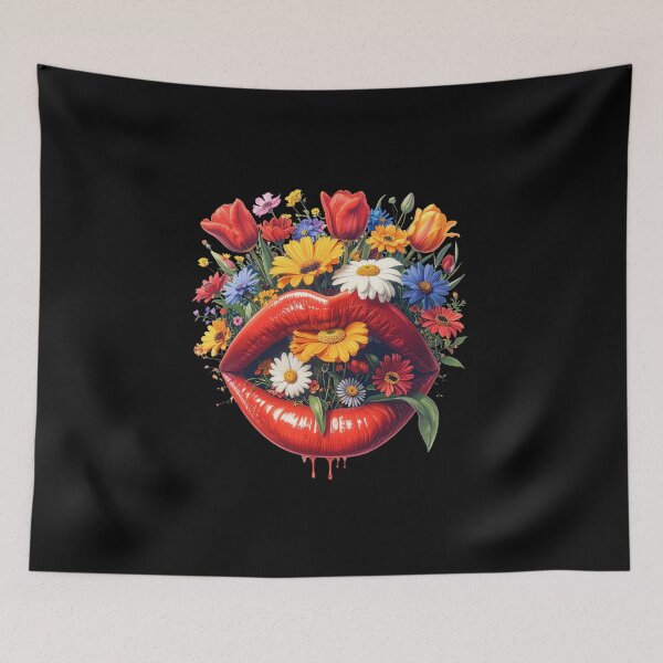 Item preview, Glossy red lips with colorful wildflowers and tulips blooming inside designed and sold by OksArtStudio.