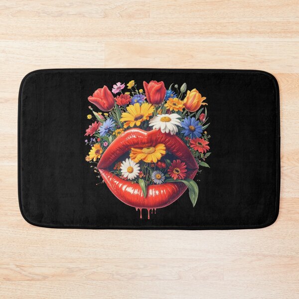 Item preview, Glossy red lips with colorful wildflowers and tulips blooming inside designed and sold by OksArtStudio.