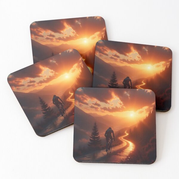 Item preview, Cyclist on Glowing Mountain Road at Golden Sunset – Epic Adventure Landscape designed and sold by DreamyWallVibes.