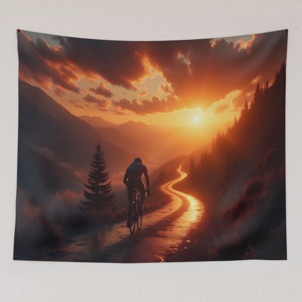 Item preview, Cyclist on Glowing Mountain Road at Golden Sunset – Epic Adventure Landscape designed and sold by DreamyWallVibes.