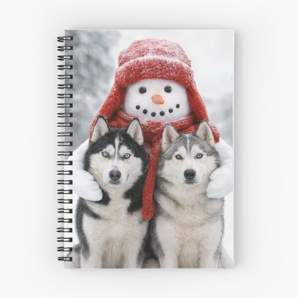 Aperçu de l'œuvre Bonhomme de neige joyeux serrant deux chiens husky dans ses bras créée et vendue par Maria Dryfhout.