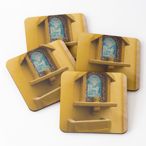 Item preview, Yellow Wall Shrine With Religious Holy Water Font And Blue Devotional Icon In Niche designed and sold by Nmallia.