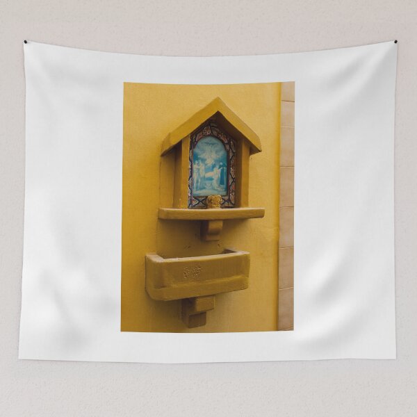 Item preview, Yellow Wall Shrine With Religious Holy Water Font And Blue Devotional Icon In Niche designed and sold by Nmallia.