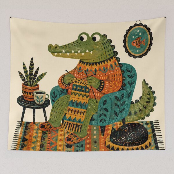 Item preview, Wall Art - Postcard - T-shirt: Cozy Crocodile Knitting designed and sold by ForeverPrintsOK.