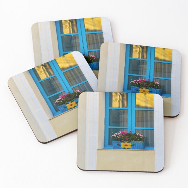 Item preview, Blue Window With Flower Box On Yellow Mediterranean Facade At Sunset Reflection designed and sold by Nmallia.
