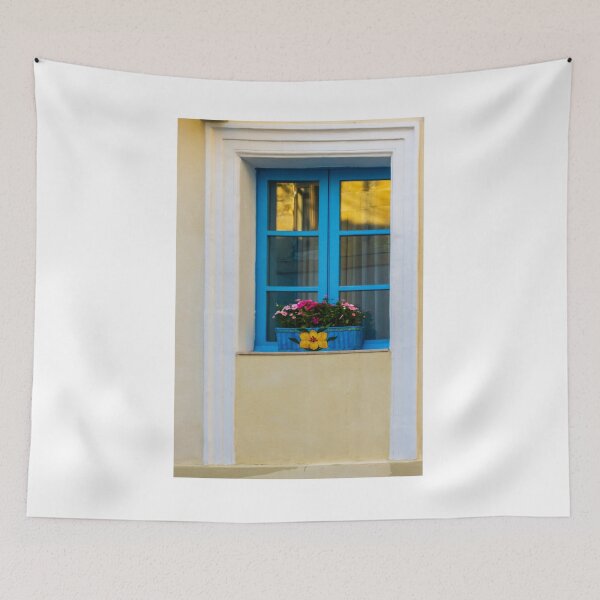 Item preview, Blue Window With Flower Box On Yellow Mediterranean Facade At Sunset Reflection designed and sold by Nmallia.