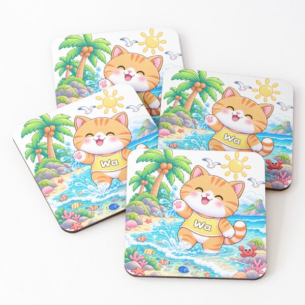 Item preview, Kawaii Tabby Cat Splashing at Tropical Beach designed and sold by Wawa5656.