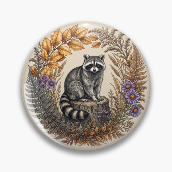 Item preview, Raccoon on Tree Stump with Golden Autumn Leaves and Purple Asters  designed and sold by BirdsnStuff.