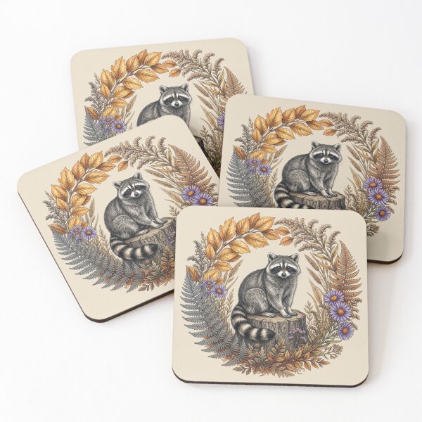 Item preview, Raccoon on Tree Stump with Golden Autumn Leaves and Purple Asters  designed and sold by BirdsnStuff.