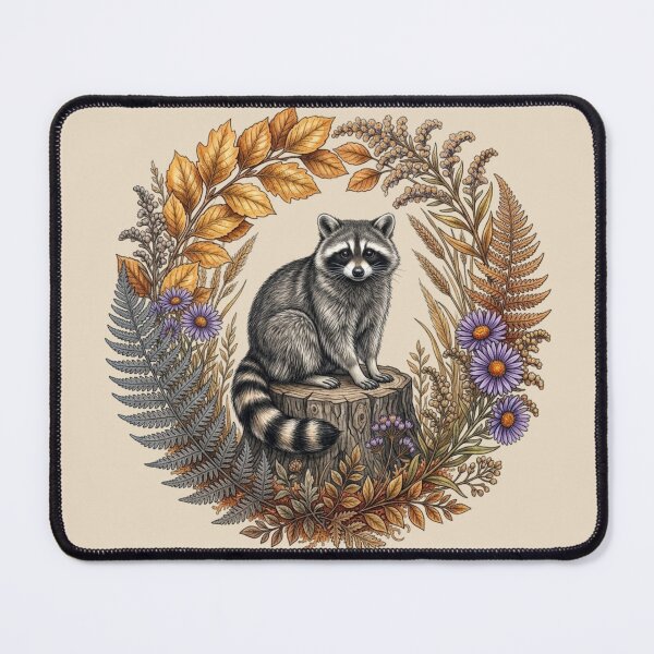 Item preview, Raccoon on Tree Stump with Golden Autumn Leaves and Purple Asters  designed and sold by BirdsnStuff.