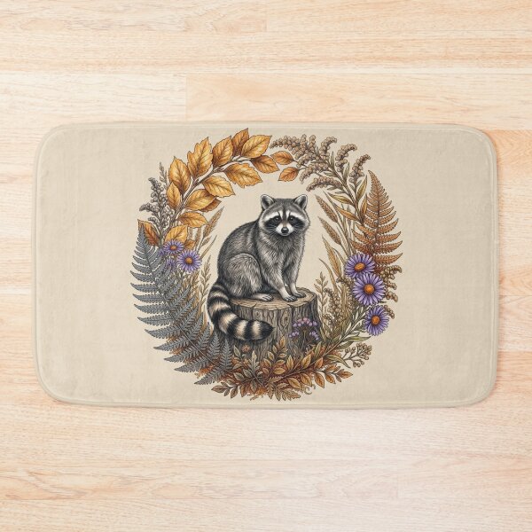 Item preview, Raccoon on Tree Stump with Golden Autumn Leaves and Purple Asters  designed and sold by BirdsnStuff.