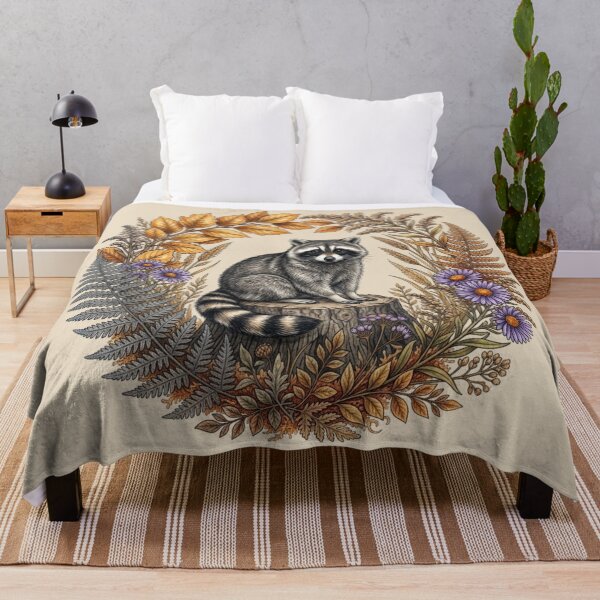 Item preview, Raccoon on Tree Stump with Golden Autumn Leaves and Purple Asters  designed and sold by BirdsnStuff.