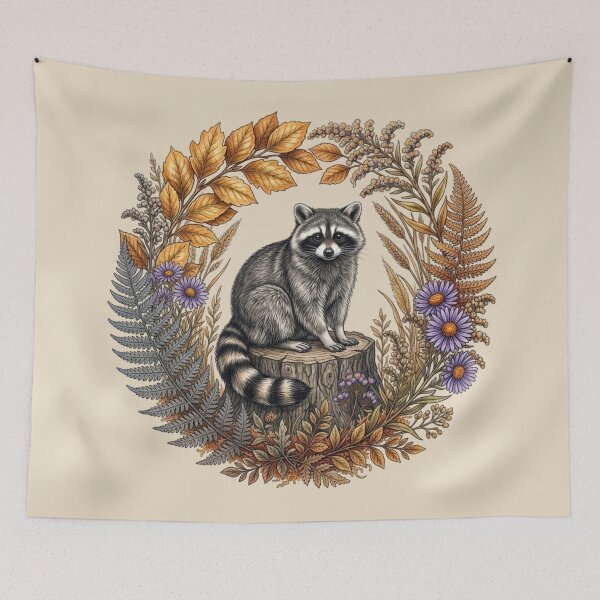 Item preview, Raccoon on Tree Stump with Golden Autumn Leaves and Purple Asters  designed and sold by BirdsnStuff.