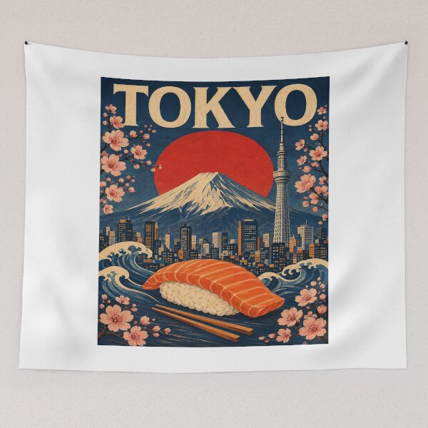 Item preview, Tokyo Japan Travel Poster with Mount Fuji, Sushi and Cherry Blossoms designed and sold by Valieri.