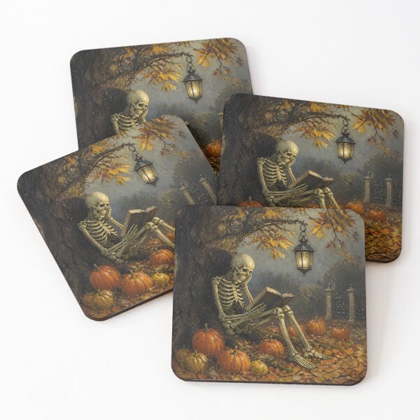 Item preview, Contemplative Skeleton Reading Book Autumn Tree Pumpkins Oil Painting designed and sold by GrinGalore.