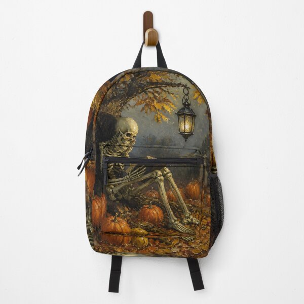 Item preview, Contemplative Skeleton Reading Book Autumn Tree Pumpkins Oil Painting designed and sold by GrinGalore.