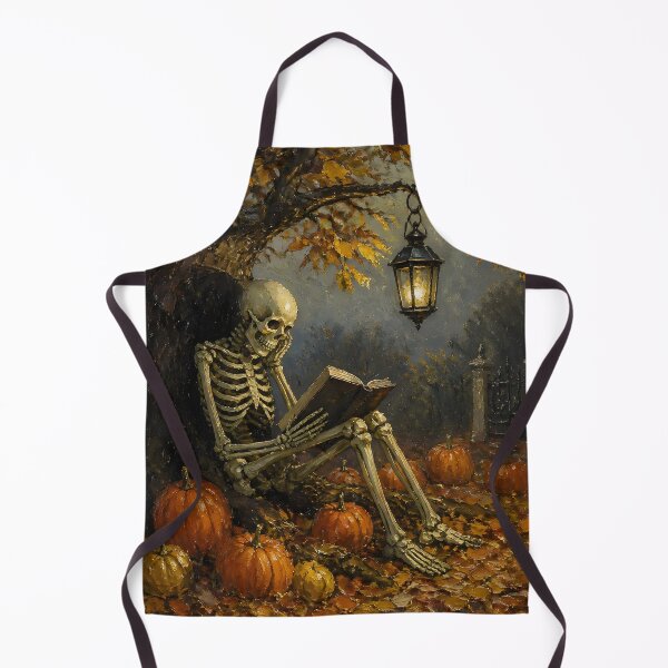 Item preview, Contemplative Skeleton Reading Book Autumn Tree Pumpkins Oil Painting designed and sold by GrinGalore.