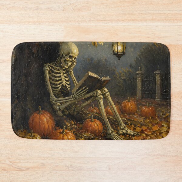 Item preview, Contemplative Skeleton Reading Book Autumn Tree Pumpkins Oil Painting designed and sold by GrinGalore.