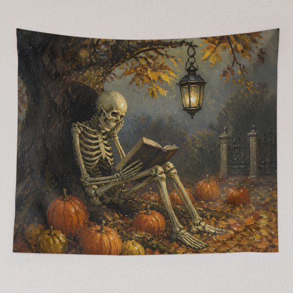 Item preview, Contemplative Skeleton Reading Book Autumn Tree Pumpkins Oil Painting designed and sold by GrinGalore.
