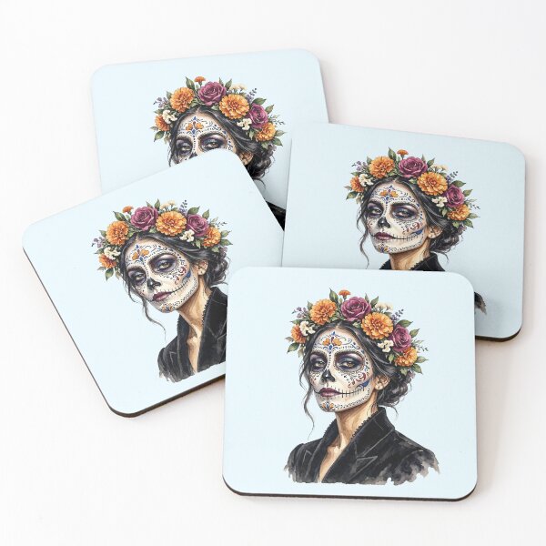 Item preview, Dia de los Muertos Sugar Skull Watercolor Woman with Floral Crown designed and sold by SweetLilith.