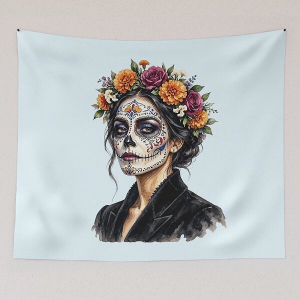 Item preview, Dia de los Muertos Sugar Skull Watercolor Woman with Floral Crown designed and sold by SweetLilith.
