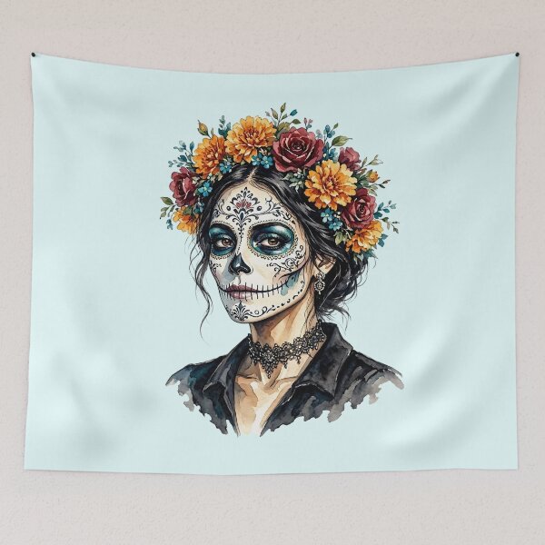 Item preview, Dia de los Muertos Sugar Skull Watercolor Woman with Floral Crown designed and sold by SweetLilith.