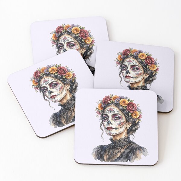 Item preview, Dia de los Muertos Sugar Skull Watercolor Woman with Floral Crown designed and sold by SweetLilith.
