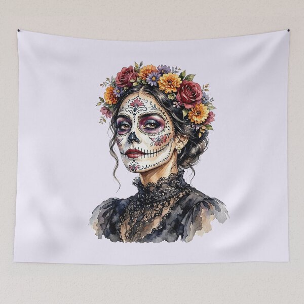 Item preview, Dia de los Muertos Sugar Skull Watercolor Woman with Floral Crown designed and sold by SweetLilith.
