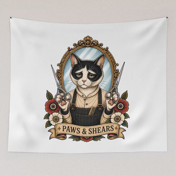 Item preview, Paws Shears Barber Cat Vintage Tattoo designed and sold by Old's Cool Cat Studio.