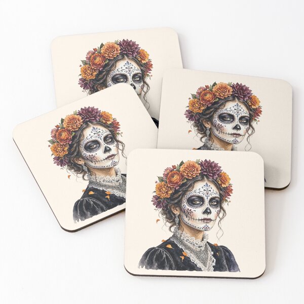 Item preview, Dia de los Muertos Sugar Skull Watercolor Woman with Floral Crown designed and sold by SweetLilith.