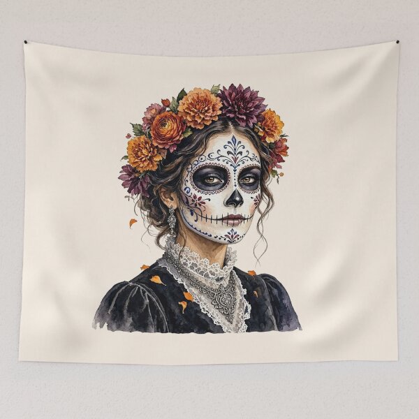 Item preview, Dia de los Muertos Sugar Skull Watercolor Woman with Floral Crown designed and sold by SweetLilith.