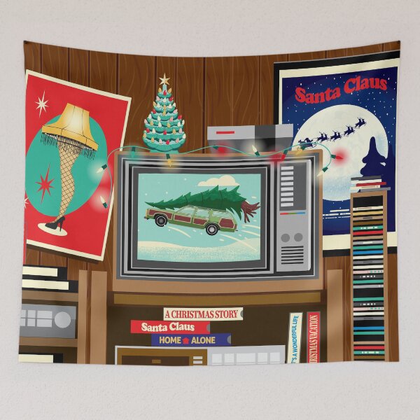 Item preview, Christmas Media room 80s retro style with tv VHS Christmas movies posters and cds designed and sold by Jdawnink.