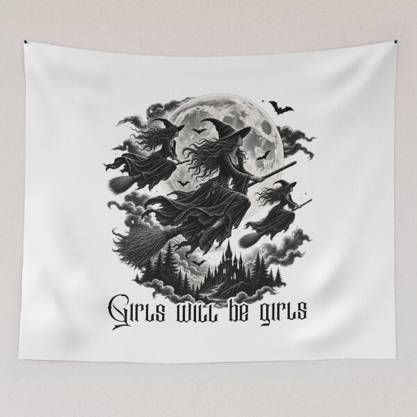 Item preview, Girls Will Be Girls Witches Flying Over Castle Full Moon Halloween designed and sold by Neurospicy Trolls.