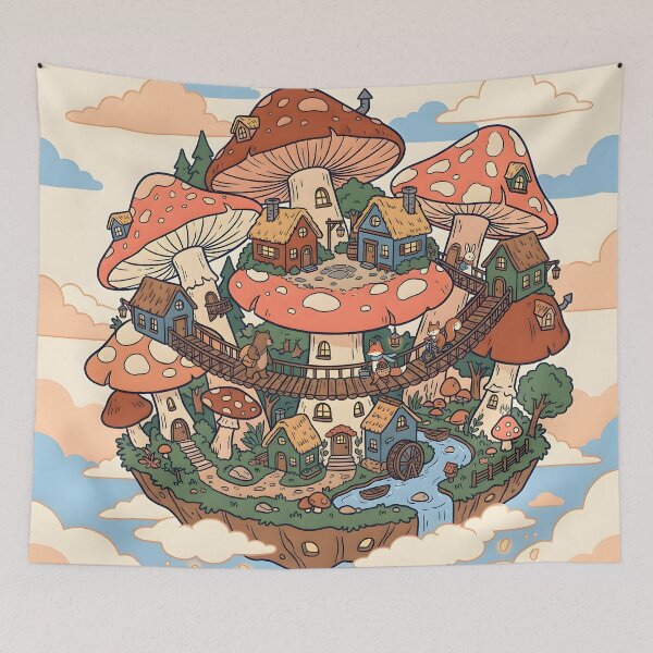 Item preview, Whimsical Floating Mushroom Village Fantasy Art designed and sold by Herodestroyer.